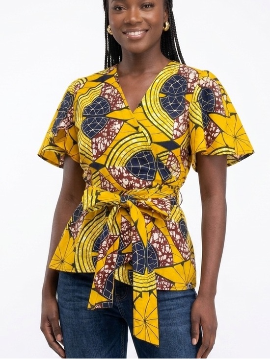 Suakoko Betty Tops - Suakoko Betty African Print Wrap Blouse with Tie Waist - XL